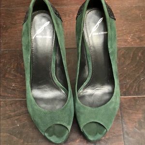Brian Atwood green suede and snakes king heels